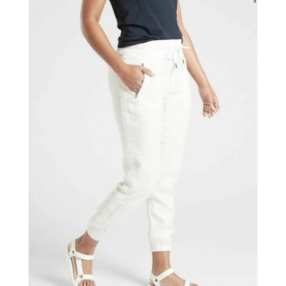 Athleta Cabo Lily Linen Jogger Pants White Size 6 Elastic Waist Lightweight
